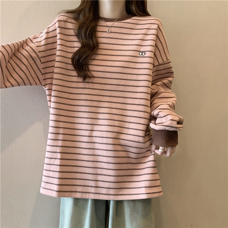 Femme Relaxed Gestreifter Rundhalsausschnitt Sweatshirt Heidi-Mode