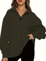 Damen nan Oversized Sweatshirt mit Kurzreißverschluss, Stehkragen und Kängurutasche Drune in Olivgrün