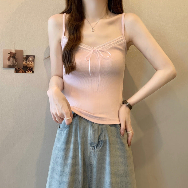 Damen Spaghetti-Träger Strickoberteil mit Schleifendetail Heidi-Mode