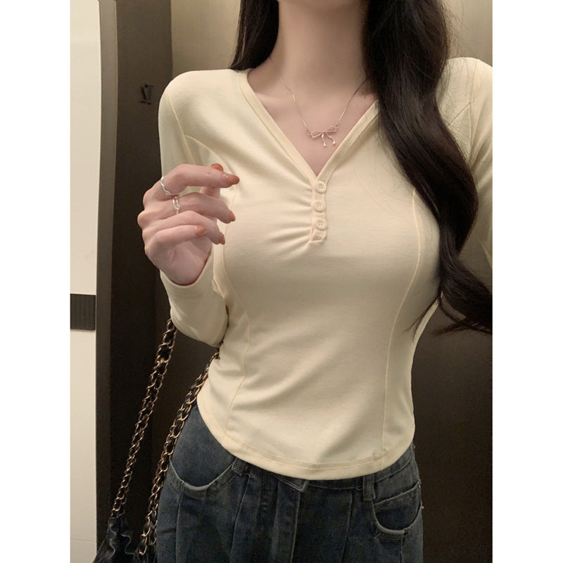 Femme Langarm Enganliegendes Henley-Oberteil mit Knopfverschluss Heidi-Mode