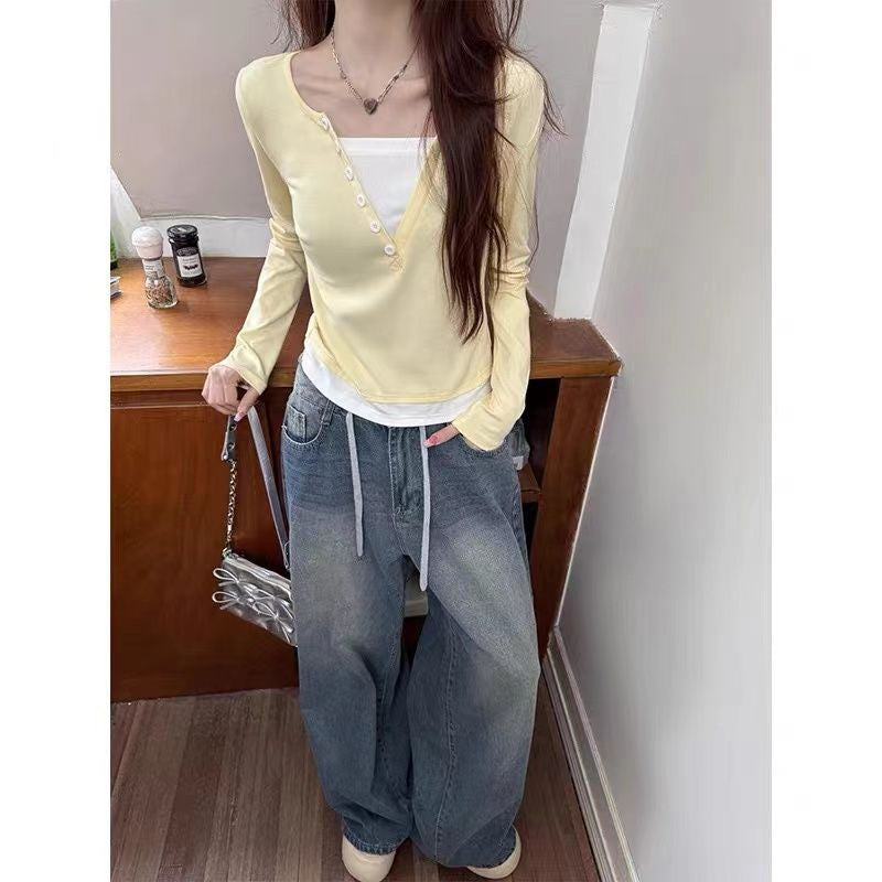 Femme Leichtgewicht Geschichteter Langarm Henley Top Heidi-Mode