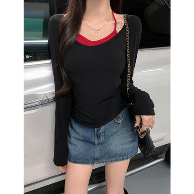 Damen Langarm-Layered-Top mit stilvollem Ausschnitt-Detail Heidi-Mode