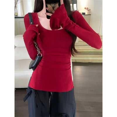 Damen Langarm Enges Oberteil mit Eleganten Ausgestellten Manschetten Heidi-Mode