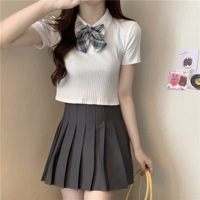 Femme Gestrickter Rippenshirt mit Kurzarm und Karo Schleifendetail Heidi-Mode