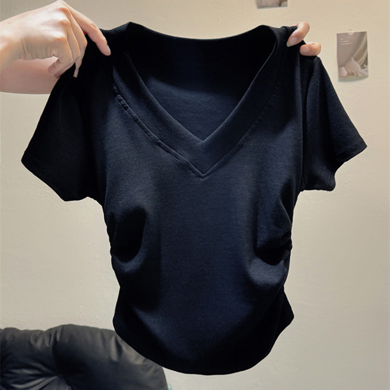 Femme Kurzarm Raffung V-Ausschnitt Oberteil Heidi-Mode