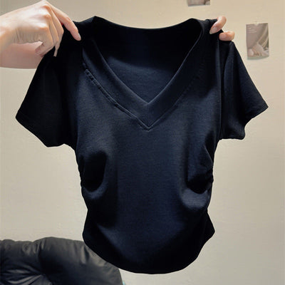 Femme Kurzarm Raffung V-Ausschnitt Oberteil Heidi-Mode