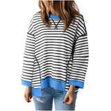 Damen nan oversized gestreifter Sweatshirtpullover mit kontrastsaum, überschnittener Schulter und seitlichen Schlitzen Drune in Schwarz-Weiß gestreift