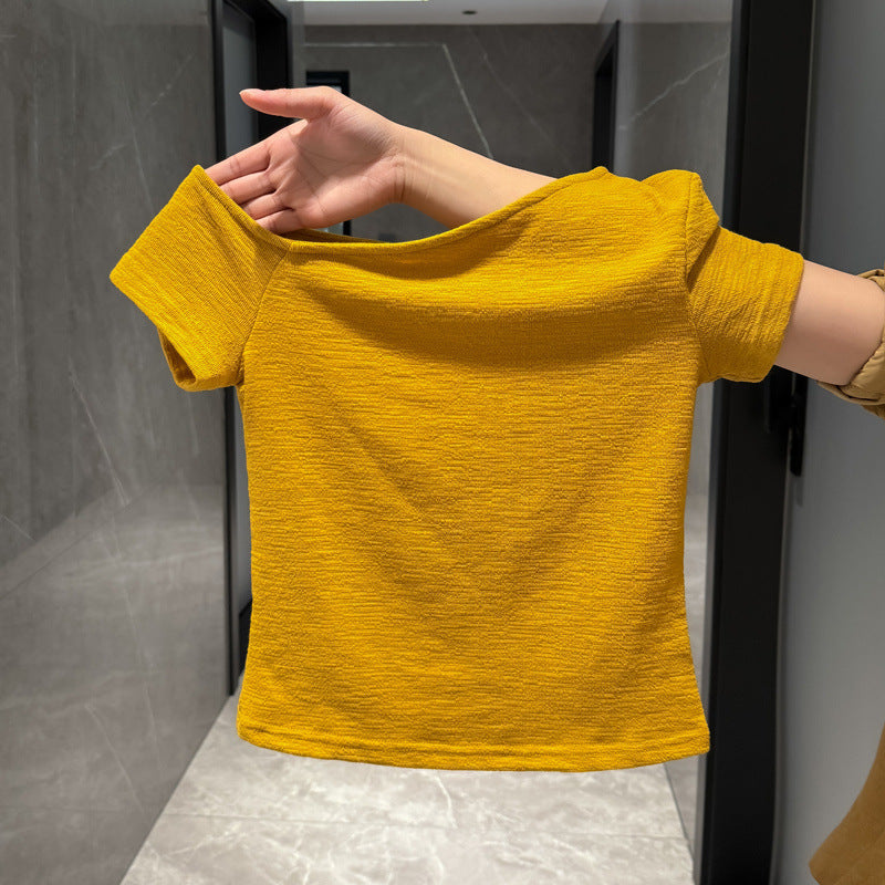 Damen Off-Shoulder Texturiertes T-Shirt Heidi-Mode