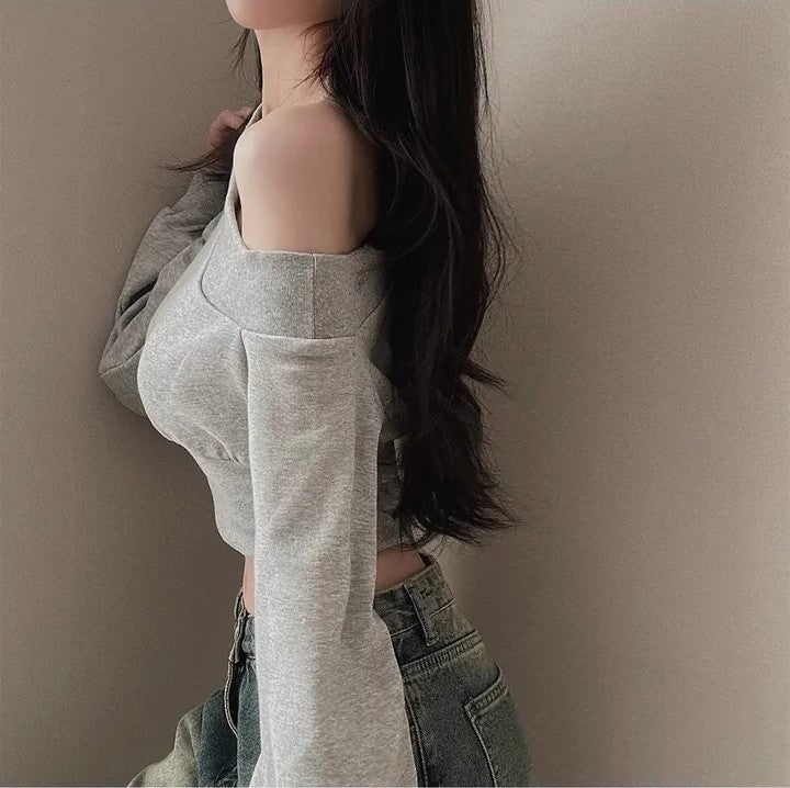 Femme Off-Shoulder Gekürzter Sweatshirt mit Ballonärmeln Heidi-Mode