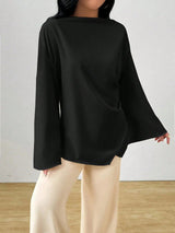 Damen nan oversized Satin-Tunika mit U-Boot-Ausschnitt und weiten Trompetenärmeln Drune in Schwarz