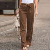Damen nan lässige Leinenmix Weitebein Hose mit Kordelzug Drune in Kaffeebraun