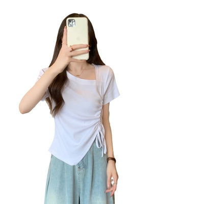 Damen Raffung seitliche Bindung T-Shirt mit quadratischem Ausschnitt Heidi-Mode