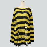 Damen nan Oversized Grobstrickpullover mit breiten Blockstreifen und aufgerissenem Design Drune in Lang Schwarz-Gelb