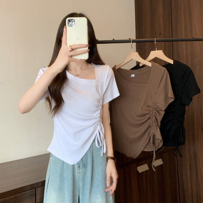 Damen Kurzarmtop mit gerafftem Detail und quadratischem Ausschnitt Heidi-Mode