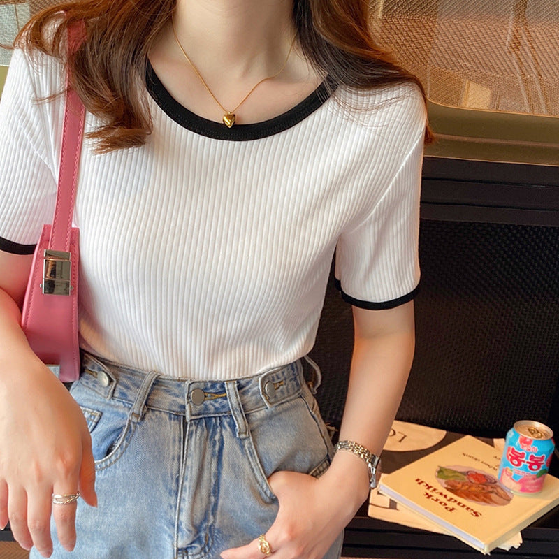 Femme Ripp T-Shirt mit Kontrastbesatz Heidi-Mode