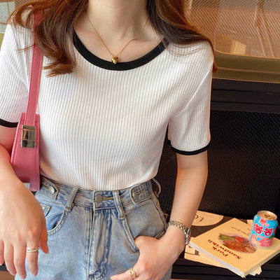 Femme Ripp T-Shirt mit Kontrastbesatz Heidi-Mode