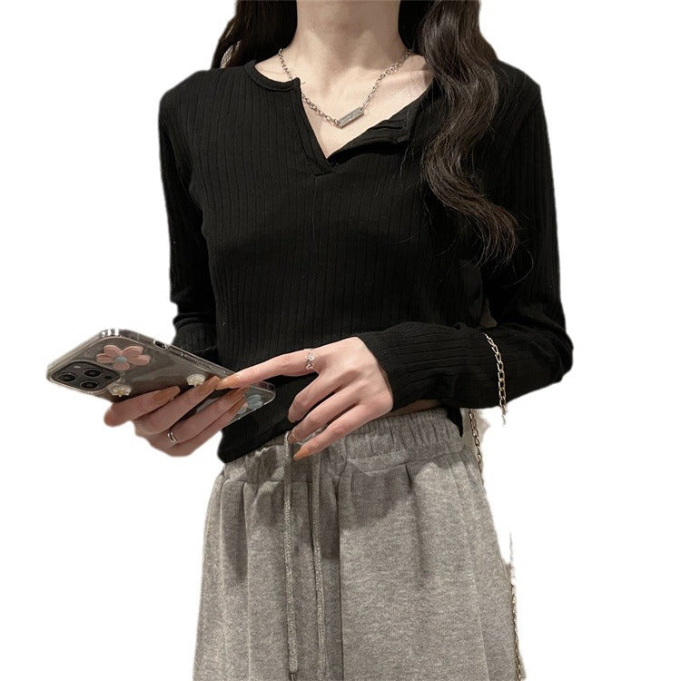 Damen Langarm V-Ausschnitt Ripp-Top Heidi-Mode