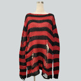 Damen nan Oversized Grobstrickpullover mit breiten Blockstreifen und aufgerissenem Design Drune in Langer Schnitt Schwarz-Rot