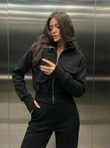 Damen Warmer Trainingsanzug – Bequemer Zweiteiler Mit Taschen Und Hohem Kragen in Schwarz