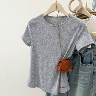 Damen Kurzarm-RippT-Shirt mit subtilen Logo-Details Heidi-Mode