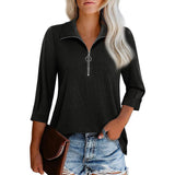 Damen nan lässige Bluse mit Reißverschlusskragen dreiviertelärmel und ausgestelltem Saum Drune in Schwarz