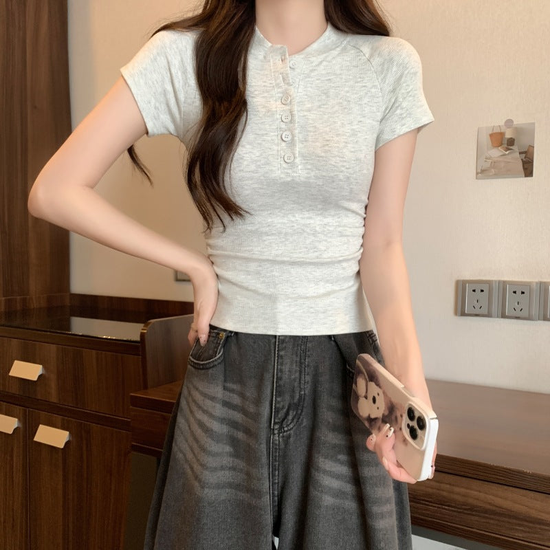 Femme Rippstruktur Knopf-Oben Kurzarmtop Heidi-Mode