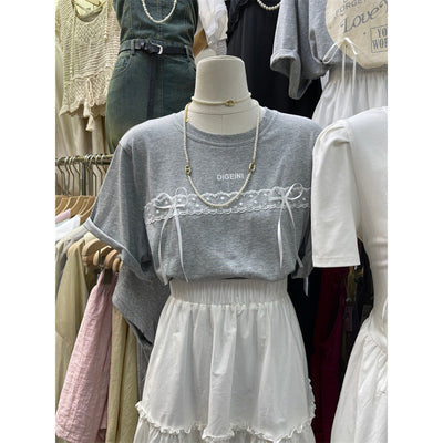 Femme Spitzenverzierte Freizeit-T-Shirt Heidi-Mode