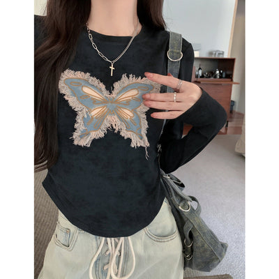 Damen Langarm-Schmetterlingsgrafik-Oberteil mit fransigen Details Heidi-Mode