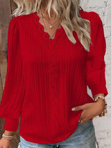 Damen nan romantische V-Ausschnitt Spitzenbluse mit Plissee und Puffärmeln Drune in Rot