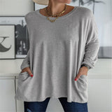 Damen nan oversized Longsleeve-Tunika mit Rundhalsausschnitt, überschnittener Schulter und aufgesetzten Taschen Drune in Grau