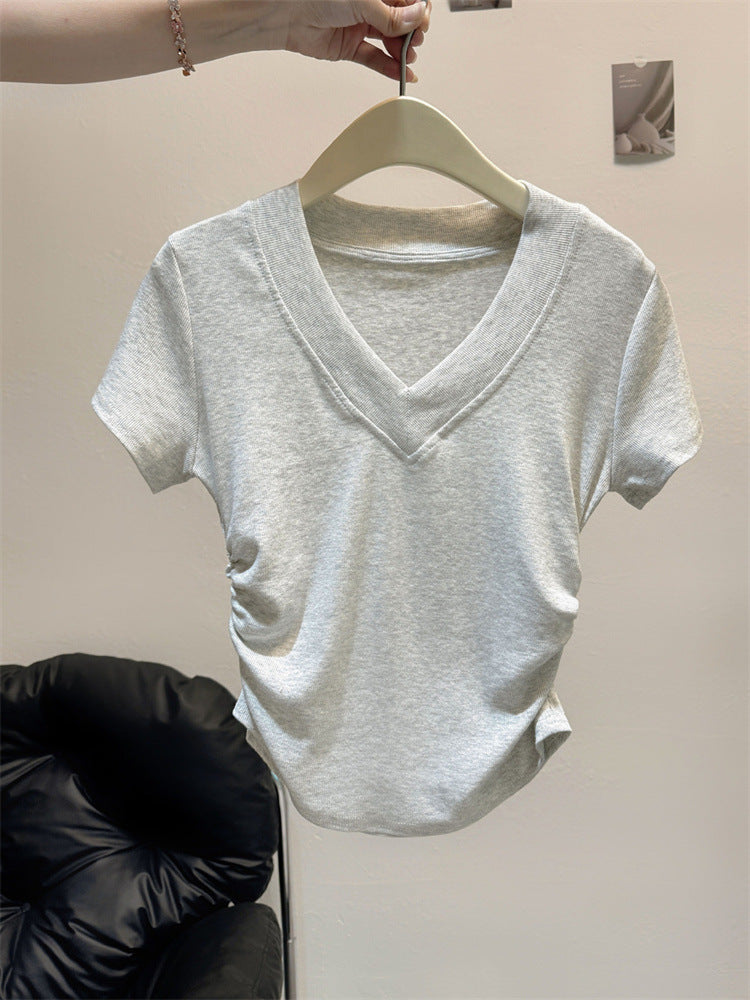 Femme Kurzarm Raffung V-Ausschnitt Oberteil Heidi-Mode