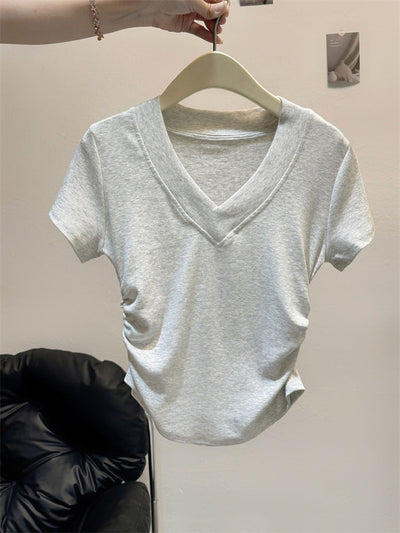 Femme Kurzarm Raffung V-Ausschnitt Oberteil Heidi-Mode