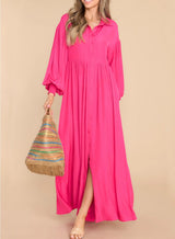 Damen Fließendes Button-Up Maxi-Kleid Drune in Dunkelrosa