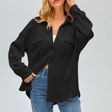 Damen nan oversized Waffelstrick Hemdjacke mit Brusttaschen und Knopfleiste Drune in Schwarz