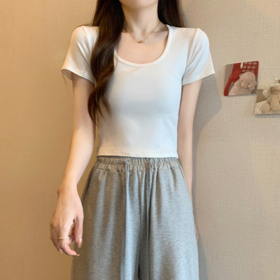 Damen Kurzarm Rundhals Crop Top Heidi-Mode