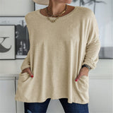 Damen nan oversized Longsleeve-Tunika mit Rundhalsausschnitt, überschnittener Schulter und aufgesetzten Taschen Drune in Khaki