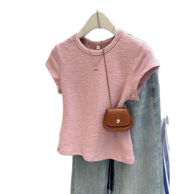 Femme Kurzarm Texturiertes T-Shirt mit Gekürzter Silhouette Heidi-Mode