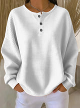 Damen nan Oversized Waffelstrick Henley-Pullover mit Knopfleiste und abgerundetem Saum Drune in Weiß