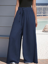 Damen nan weite Palazzo-Hose mit hohem Paperbag-Bund, elastischem Tunnelzug und vorderer Beinschlitz Drune in Marineblau