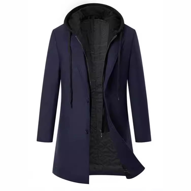 Herren eleganter Melton-Mantel mit abnehmbarer Kapuze und praktischen Taschen Aliams