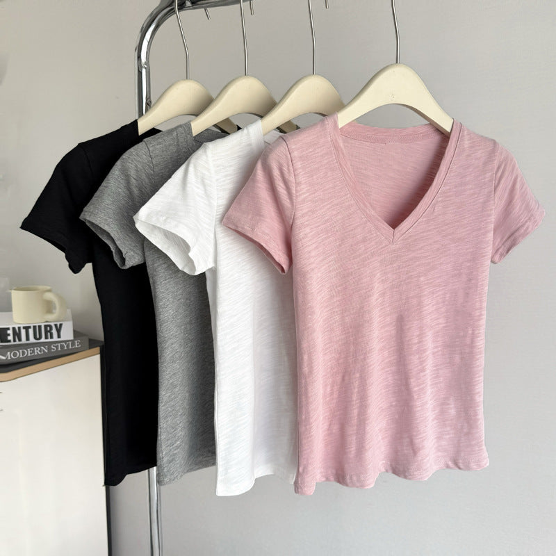 Femme Soft V-Ausschnitt Kurzarm T-Shirt Heidi-Mode
