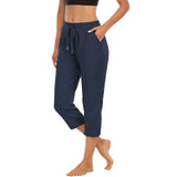 Damen nan komfortable Loungehose mit hohem Bund Tunnelzug Seitentaschen und leichtem Stretch Drune in Nachtblau (7/8-Hose)