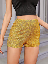 Damen Hochgeschnittene Pailletten Shorts – Glänzender Party Glam Fit in Gelb