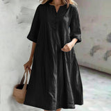 Damen nan locker fallendes A-Linien Kleid mit V-Ausschnitt-Knopfleiste, 3/4-Ärmeln und aufgesetzten Eingrifftaschen Drune in Schwarz