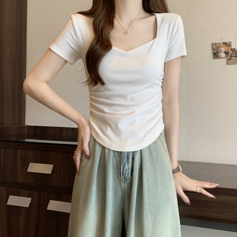 Femme Rüschen Kurzarmtop mit Quadrat-Ausschnitt Heidi-Mode