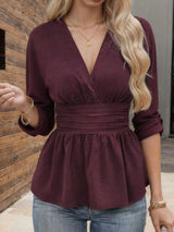 Damen Elegantes V-Ausschnitt Langarm Wickeloberteil – Schmale Passform Bluse in Malve