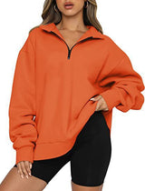 Damen nan oversized Sweatshirt mit halbem Reißverschluss, Stehkragen und überschnittener Schulter Drune in Orange - ohne Tasche