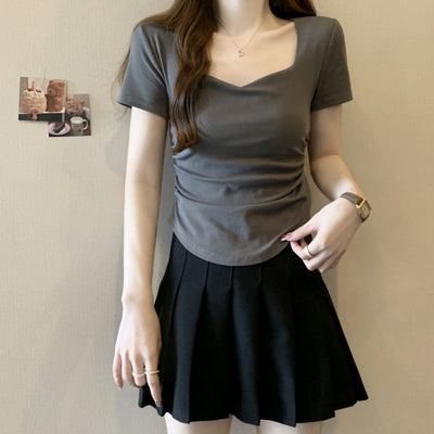 Femme Rüschen Kurzarmtop mit Quadrat-Ausschnitt Heidi-Mode