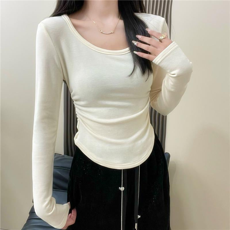 Damen Langarm Fitted Top mit Rundhalsausschnitt Detail Heidi-Mode