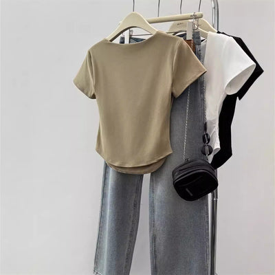 Damen Kurzarm Quadrat-Ausschnitt Raffung T-Shirt Heidi-Mode